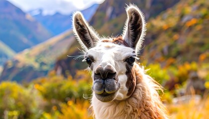 A close-up of a llama with expressive eyes, showcasing its fluffy fur against a backdrop of vibrant autumn foliage and majestic mountains.
