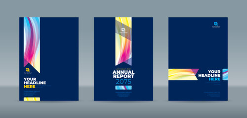Editable vector A4 book cover templates with bold dynamic colorful wave designs on dark blue background for professional annual report, magazine, booklet, proposal, portfolio, brochure, poster