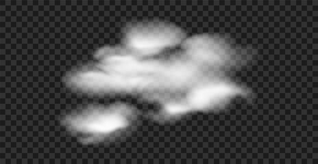 Realistic white cloud 3d on transparent background. Vector smoke effect with transparency. Vector cotton wool, fog, steam, dust. Fluffy and airy cotton wool texture. 