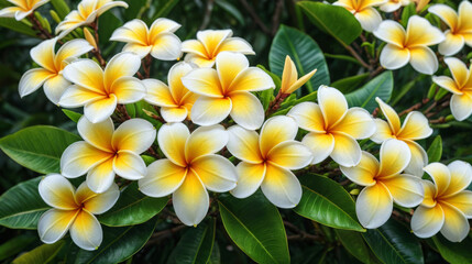 Obraz premium Vibrant cluster of yellow and white plumeria flowers - vertical image, ideal for tropical themes and celebrations