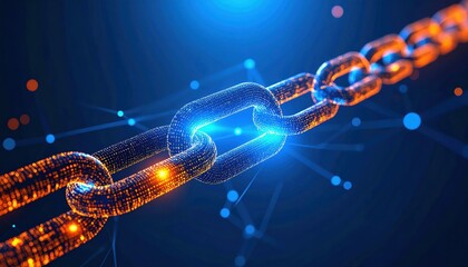 A digital representation of a glowing chain link, symbolizing connectivity and technology, with bright blue and orange hues against a dark background.