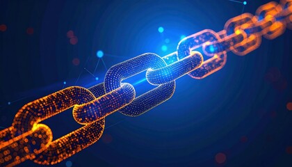 A digital representation of interconnected chains, symbolizing blockchain technology with glowing links against a blue background.