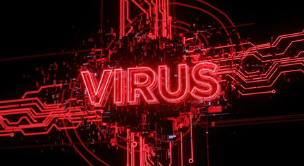 Virus concept, red digital virus on black background with circuit patterns representing computer. Digital virus attacking system with bright red lines.