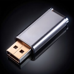 Silver USB Flash Drive with Gold Connector on Black Background