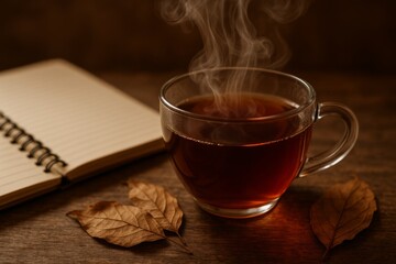 Steaming tea in a glass cup with notebook and dry leaves—cozy autumn scene on wood with copy space.