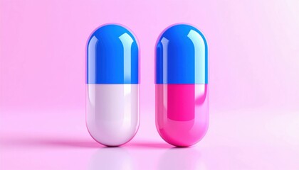 Two colorful capsules, one blue and white, the other pink and blue, are displayed against a soft pink background, creating a vibrant and modern visual.