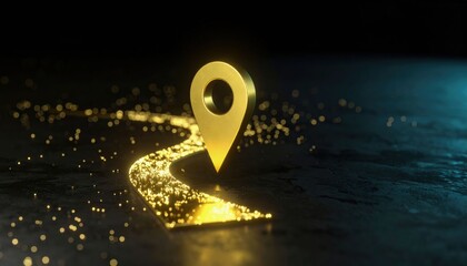 A golden location pin glows along a shimmering pathway, creating a magical, inviting ambiance in a dark setting.