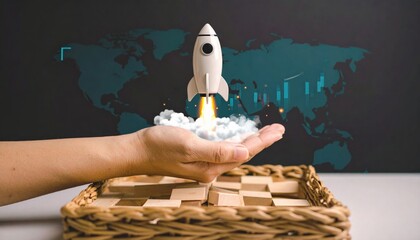 A hand holds a rocket launching amid clouds, with a digital world map backdrop, symbolizing innovation and new beginnings in technology.