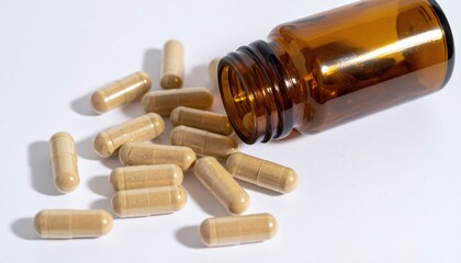 A bottle of capsules is tipped over, spilling beige-colored capsules on a white surface, suggesting a focus on health or supplements.