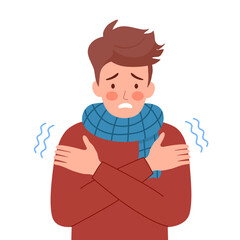 A man is covering the blanket and shivering in the cold. hand drawn style vector design illustrations