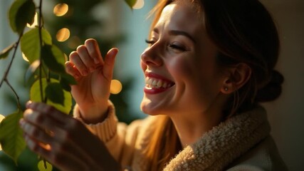 A happy woman holds a plant, suggesting a love for nature or a sense of accomplishment