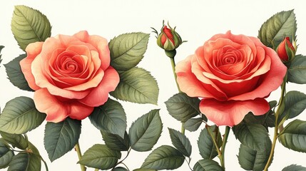 Two peach roses with buds and leaves on a white background