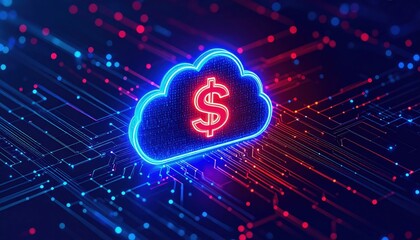 A digital cloud symbol with a dollar sign, illuminated in neon, represents cloud computing and financial technology against a vibrant background of data lines.