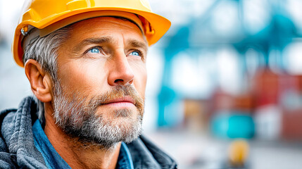 Hafenlogistik mit Mitarbeiter vor Containern und Kränen. Szenen zu globalem Handel, Fracht, Import und Export. Symbol für internationale Lieferketten, Transport, Industrie und weltweite Supply Chain.