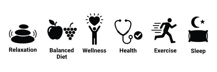 Icons Set of Health and Wellness Lifestyle Tips: Relaxation, Diet, Wellness, Vector Illustration