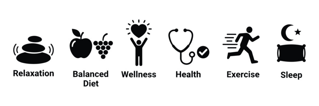 Icons Set of Health and Wellness Lifestyle Tips: Relaxation, Diet, Wellness, Vector Illustration