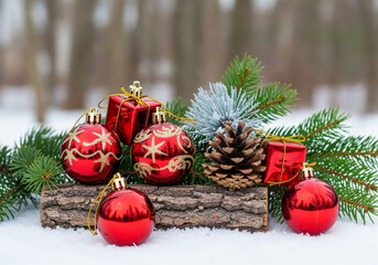 Festive red christmas ornaments on snowy pine branch with pinecone