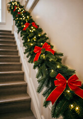 Festive staircase garland with red bows and lights during christmas season