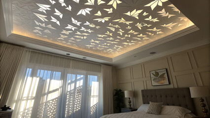 Origami Ceiling Bedroom – Light and shadow interplay from folded paper shapes.