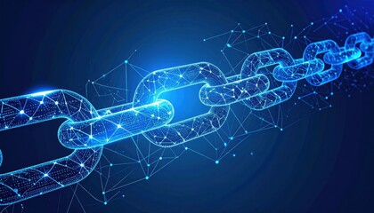 A glowing digital chain link symbolizing blockchain technology and connectivity against a deep blue background.