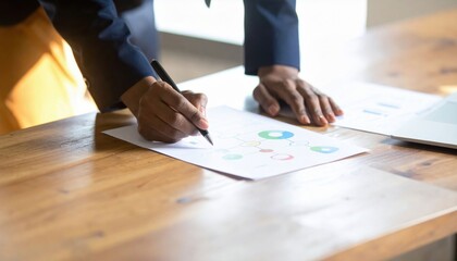 A person is analyzing graphs and charts while writing notes on a wooden table, emphasizing a professional and focused workspace.