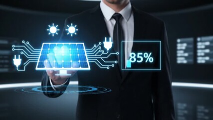 A businessman in a suit uses a touchscreen to display solar energy data, including a graph, percentage, and solar panel icons. - Powered by Adobe