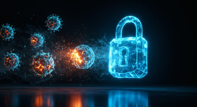 Digital lock protecting against viral infection and cyber threats, symbolizing data security and health safety