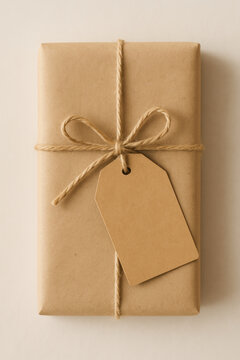 Kraft paper wrapped gift with blank tag and twine bow, natural neutral background, soft light, minimal rustic packaging for present or product styling