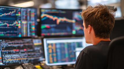A man sits in front of multiple computer screens displaying stock market information