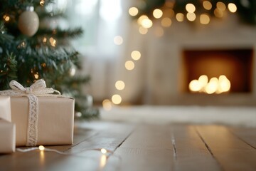 Cozy winter living room with christmas tree and gifts by the fireplace