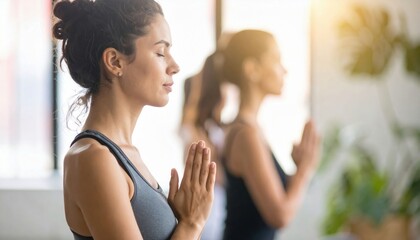 Two women practicing yoga in a serene indoor setting, focusing on mindfulness and relaxation, with hands in prayer position.