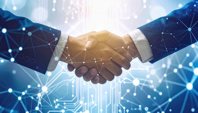 A digital handshake symbolizes partnership and collaboration, surrounded by a network of connected nodes and lines.