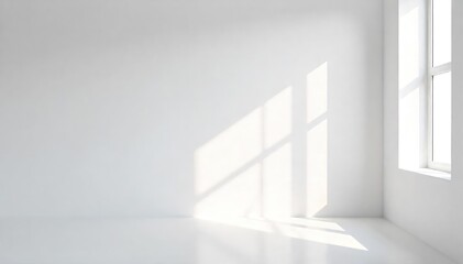 Obraz premium A minimalist scene featuring a bright white room with stark shadows and sunlight streaming through a window, creating a clean and airy atmosphere , bright, clean, window