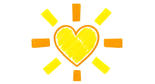 Yellow heart with sun rays illustration love and sunshine on transparent background