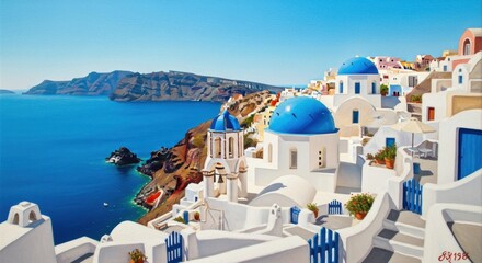 Scenic Santorini Village with White Buildings and Blue Domes Overlooking Aegean Sea