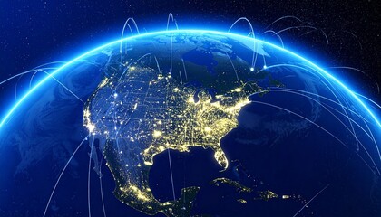 Glowing data network over North and South America from space&mdash;illuminated cities and connecting lines evoke global infrastructure, communication, and symbolic digital unity in futuristic Earth visualiz