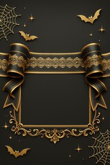 金色のリボンとコウモリ・蜘蛛の巣をあしらった豪華なハロウィンフレーム