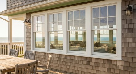 Cozy Coastal Home Exterior with Large Window Views and Wooden Deck