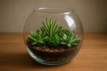 succulent in a glass vase on the table. Florarium with green succulents.Close-up of a succulent arrangement in a glass vase (terrarium).
