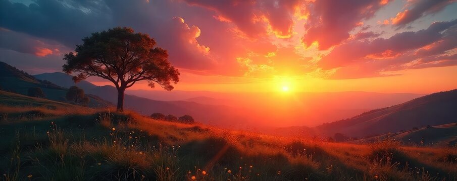 A single, vibrant sunrise over a tranquil landscape evokes a sense of peace and the promise of a new beginning, reflecting Christian hope and faith , resurrection, redemption