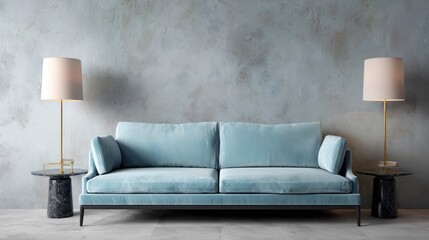 Soft blue sofa between two lamps with marble tables against a mottled wall backdrop