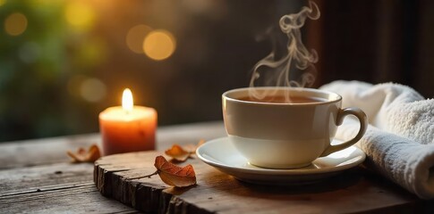 A steaming cup of tea sits beside a fluffy towel on a rustic wooden table next to a lit candle; the perfect scene for a relaxing, warm evening , spa, texture, tea