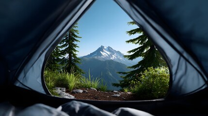 Panoramic view of a snow-capped mountain peak and lush evergreen forest, as seen through the open entrance of a camping tent set up in a remote, wilderness setting