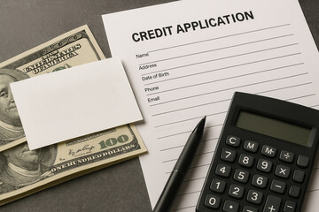 Preparing a commercial loan application with paperwork, a calculator, and cash on a table.