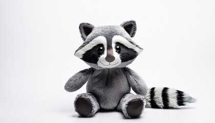 Adorable Grayscale Plush Raccoon Toy Sitting On White Background