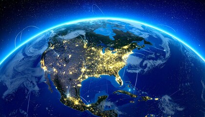 Glowing data network over North and South America from space—illuminated cities and connecting lines evoke global infrastructure, communication, and symbolic digital unity in futuristic Earth visualiz
