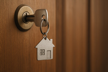 Open door to a new home. Door handle with key and home shaped keychain. Mortgage, investment, real estate, property and new home concept