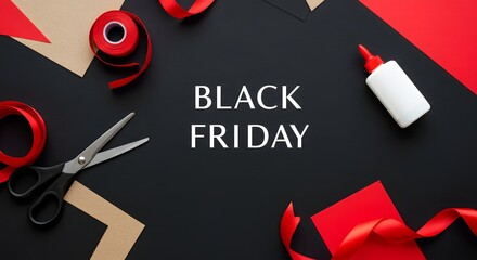Black Friday themed flat lay with black paper, scissors, red ribbon, DIY feel.