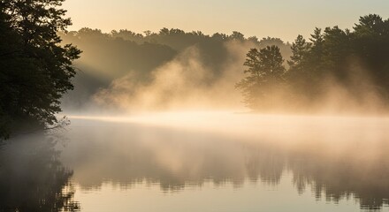 Fototapeta premium Still Lake with Morning Fog and Golden Sunlight Reflecting in Water
