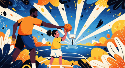A father teaches his young daughter how to shoot a basketball on an outdoor court in a vibrant, stylized illustration.